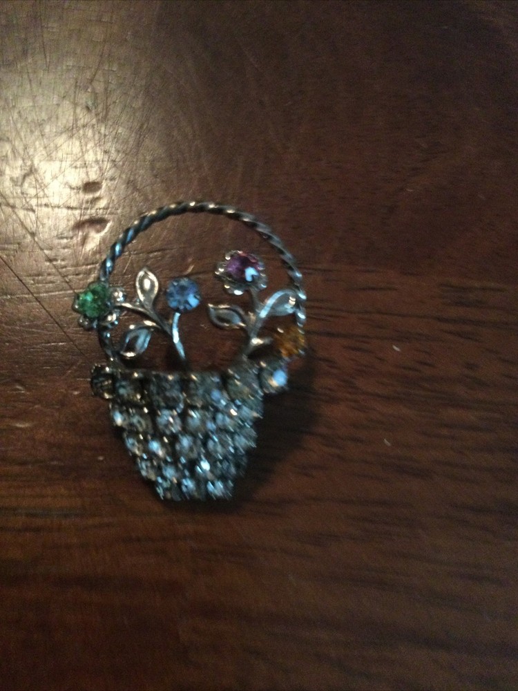 Traditional Elegant Flower Basket Brooch Pin Rhinestones Statement Jewelry