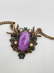 Antique Gold Tone Necklace w/Seed Pearls, Green Rhinestones, Purple Glass Center