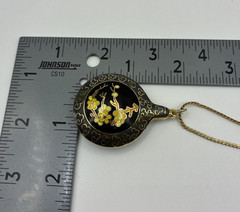 Vintage Cloisonne Pendant Necklace Double Sided Black Floral Gold Tone Enamel