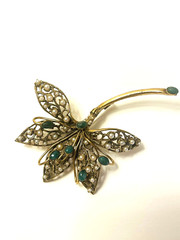 Alcozer and J .Flower Brooch with Faux Jade and Pearls Vintage Italy