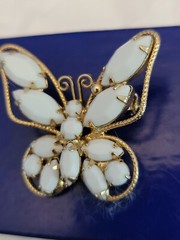 Vintage Goltone Milk glass Stone Butterfly Brooch Pin