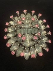 VTG Pale Green Navette Baguette Prong Set Brooch Pink Accents BUDDING FLOWER