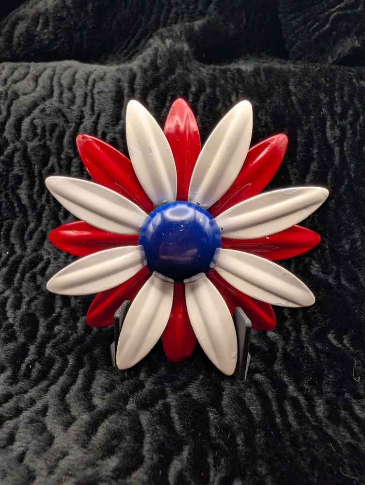 Vintage Red White & Blue Enamel Flower Pin Brooch Patriotic Daisy Design 3″