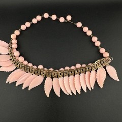 Vintage Pink Leaf Fringe Choker Necklace Carved Acrylic Beaded Chain Cha Cha
