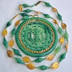 Rare Vintage Large Faux Jade LUCITE Medallion Pendant Necklace Carved—Hong Kong
