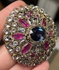 Vintage HOBE Filigree Clip Brooch Ruby Red Aqua & Clear Glass Stones