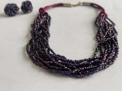 Vintage Multi-Strand Purple Peacock Seed Bead Choker Necklace Matching Earrings