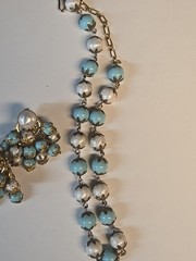 Vintage Crown Trifari 1950s Blue White Lucite Bead Necklace & Earrings Set Gold