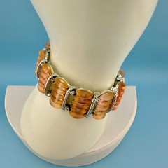 Vintage Bracelet Peach Pink Melon Frosted Lucite Thermoset Silver Tone Wide 6″