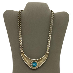 BIB 20” Necklace Silver Metal Bead Turquoise Plastic Stone Fashion Jewelry Gift