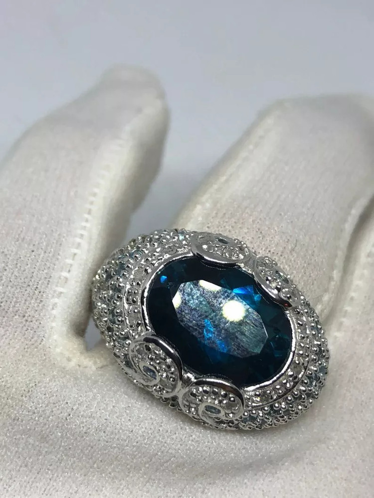 Huge Great Color Blue Topaz Stone 14.99CT With Small Topaz 925 Silver Women Ring