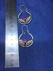Vintage Hazara Silver Earrings 8.7g Pink Glass Stone Tribal Ethnic Hoop Drop