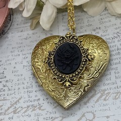 Gold Heart Locket GothIc Anniversary Wedding Witch Black Rose Cameo Necklace