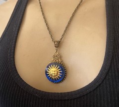 Man in the Sun Necklace Huge Blue Rhinestone Sun Face Sunshine Celestial Pendant
