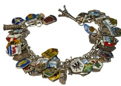46 Vintage 800 Silver & Sterling Enamel Travel Shield Charm Bracelet Nice!