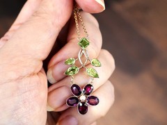Antique 2.75Ct Garnet 2.35Ct Peridot and Pearl 9k Rose Gold Pendant Circa 1910
