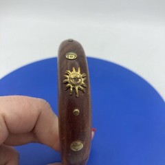 Vtg Wood Cuff Bangle Bracelet Brass Sun & Studs Celestial Boho Whimsigoth 5.5”