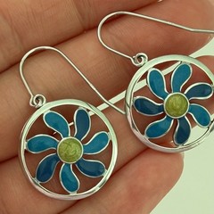 Ross Simons 925 Sterling Silver Blue & Green Enamel Flower Daisy Dangle Earrings