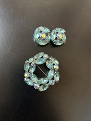 Vintage Aqua Blue Rhinestone Wreath Brooch and Clip On Earrings Set AB Accents