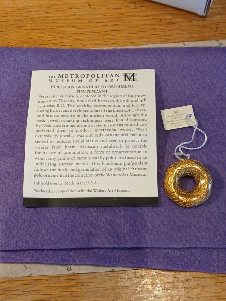 MMA Met. Museum of Art Circle Donut Granular 24k Gold Plated Pendant Etruscan