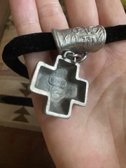 90s vintage Donna Karan Black Velvet Cross silver metal Pendant Necklace RARE