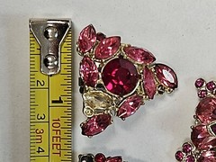 Vintage Figural Fucshia Pink Rhinestone Brooch Pin Signed EDLEE Clip On Earrings