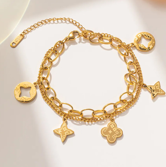 Vintage Stainless Steel Double Layer Bracelet 18K Gold Plated Monogram Pattern