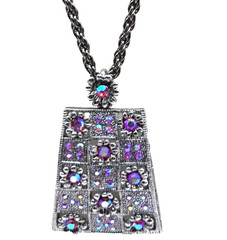 AB Rhinestone Pendant Necklace Aurora Borealis AB Gunmetal Windowpane Floral 28″