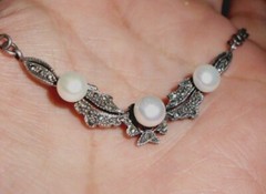 Vintage Sterlling Silver Marcasite Pearl Stationed Necklace 17″ Double Chain