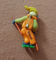 CUTE nice Vintage Poland Polymer Clay Skier Brooch Pin