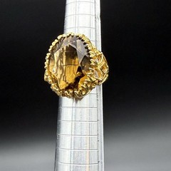 18K HGE Gold Tone Oval Faceted Brown Smoky Quartz Ornate Cocktail Ring Sz 4.75