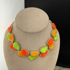 Vintage Thermoset Leaf Necklace Neon Green Red Gold Tone 14”