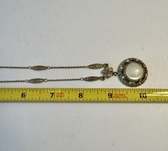 Mother Of Pearl Pendant Necklace Gold Tone Adjustable Length Signed 1928 Brand
