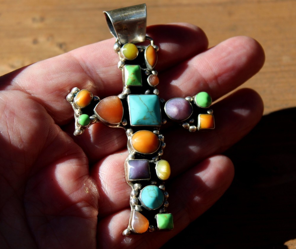 Stunning Sterling Silver & Gemstone CROSS Pendant Turquoise & Spiny Oyster