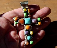 Stunning Sterling Silver & Gemstone CROSS Pendant Turquoise & Spiny Oyster