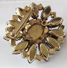 RUBY RED & AMBER RUNWAY BROOCH OVAL SMOOTH GLASS REDDISH/AMBER CABOCHON☆2.25″☆
