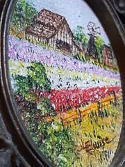 Vintage Brooch Mini Painting Lompoc Flower Field Farm Wine CA. Signd Frame Italy
