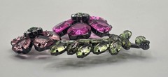 Double Flower Pink And Green Lucite Brooch, Black (Japaned) Colored Metal