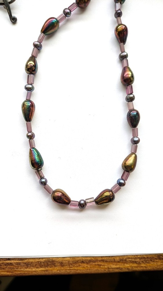 Vintage 925 Sterling Silver Carnival Glass Cultured Pearl Beaded Necklace