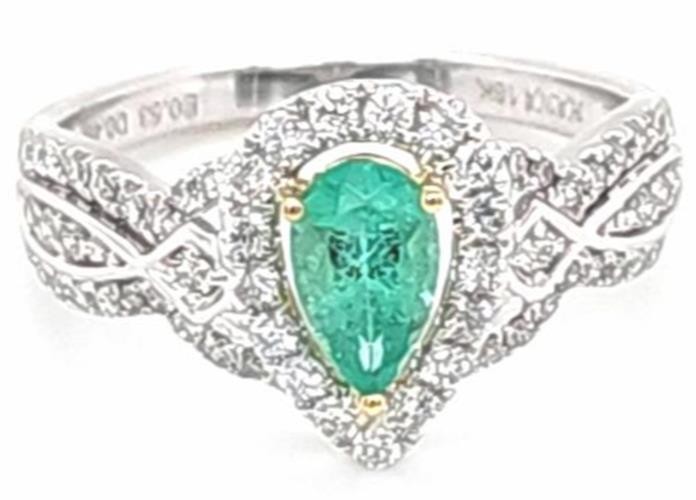 .99CT DIAMOND & AAA EMERALD 18KT 2 TONE GOLD PEAR SHAPE & ROUND FRIENDSHIP RING