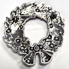 Estate Antiqued Silver Tone & Red Rhinestone Christmas Wreath Pin / Brooch