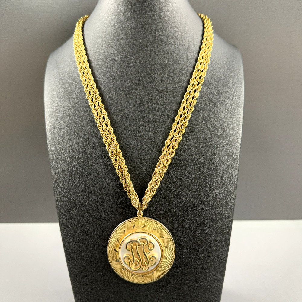 Vintage Monogram Necklace Pendant Multi Strand Chain Statement Gold Tone 18″