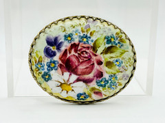 Vintage Floral Porcelain Brooch ~ Romantic Rose & Forget Me Not Oval Pin
