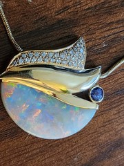 Vintage 9ct Opal 14k Yellow Gold Pendant With Diamond & Tanzanite Accents