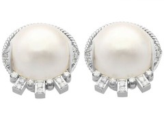 Vintage Art Deco Style Mabe Pearl & Diamond 9k White Gold Earrings