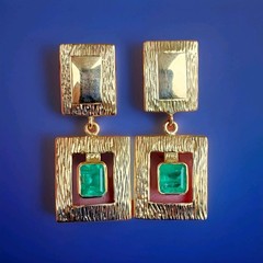 Original EARTH MINED EMERALD Deco Design Earrings Vintage Style Dangles 14K GOLD