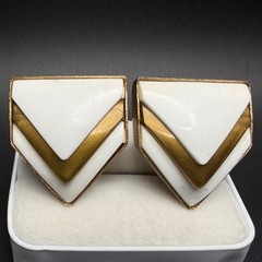 Vintage Gold & White Lucite Clip On Earrings Geometric Chevron Classic 80s Glam