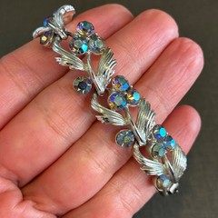 Vintage Rhinestone Bracelet Lisner Aurora Borealis Silver Tone Leaf Design