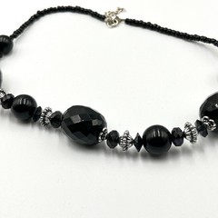 Vintage Black Faceted Acrylic Bead Statement Necklace Silver Tone Accents Bold