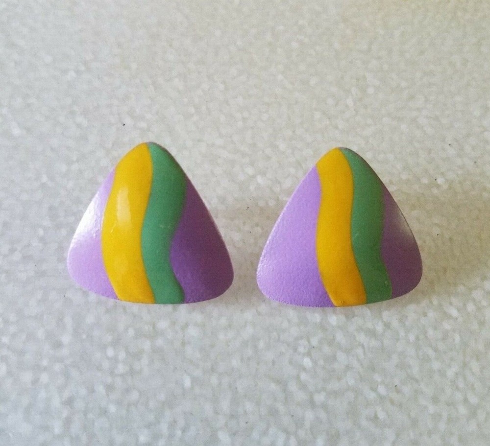 Vintage Pastel Enamel Lavender Yellow Mint Green Triangular Pierced Earrings